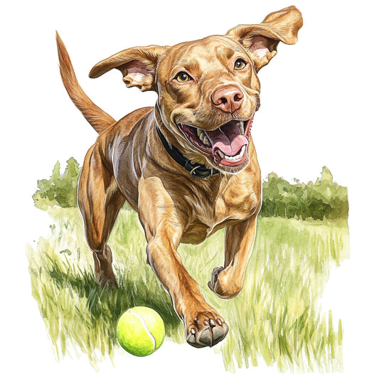 dog, golden brown, tan, cream, grass green, olive green, tennis ball, happy dog, running dog, playful dog, pet, animal, nature, outdoor, field, sports, dog lover, whimsical, watercolor, illustrated, portrait, summer, active, energetic, cheerful, cute, friendly