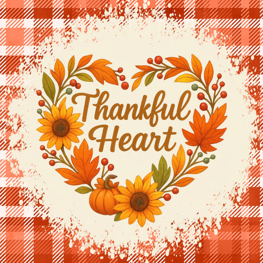 thankful heart, autumn, fall, thanksgiving, sunflower, pumpkin, orange leaves, red berries, gold, rust, cream, burnt orange, olive green, plaid border, gingham, heart shaped wreath, floral wreath, nature, harvest, farmhouse, rustic, traditional, warm tones, seasonal, holiday, botanical, leaf motifs, berries, decorative border, autumn colors