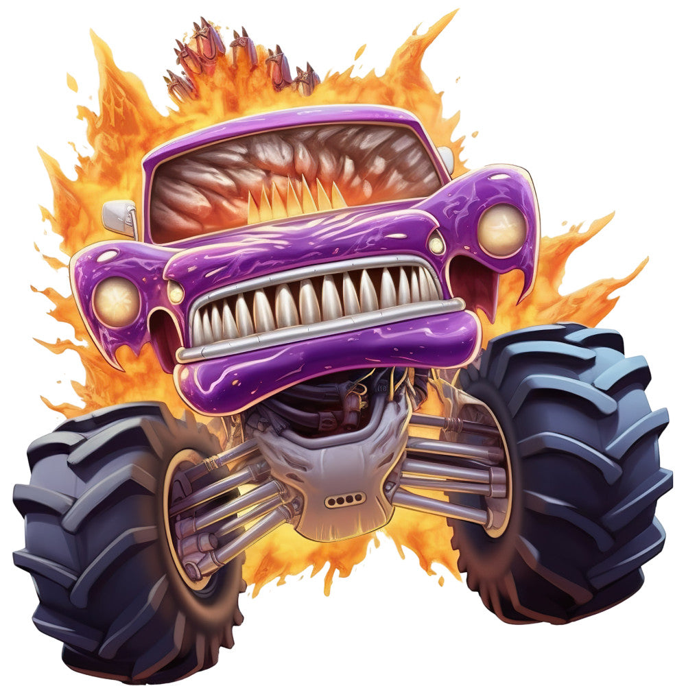 Monster Truck Crushes Fabric Panel 9 features a fierce purple monster truck with large tires and fiery explosion background.