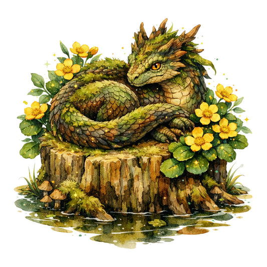dragon, fantasy, nature, woodland, forest green, olive green, golden yellow, brown, tan, cream, moss green, earthy tones, floral, flowers, whimsical, magical, mythical creatures, scales, horns, tree stump, yellow flowers, buttercups, moss, mushrooms, enchanted forest, storybook, illustration art, celestial sparkles, spring, summer