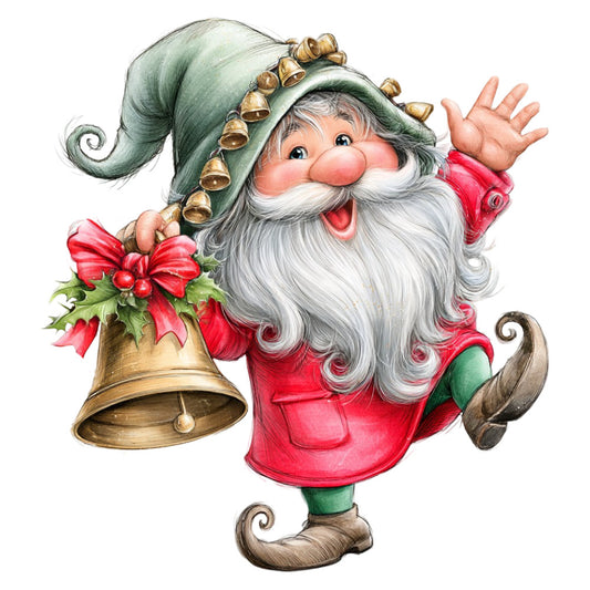 christmas, holiday, santa, jolly santa, vintage santa, whimsical, festive, red, forest green, sage green, cream, gold, ivory, white, bell motif, holly, red bow, traditional, nostalgic, retro, seasonal, december, winter, christmas decoration, wall hanging, table runner, children's, kid-friendly, folk art style, cheerful