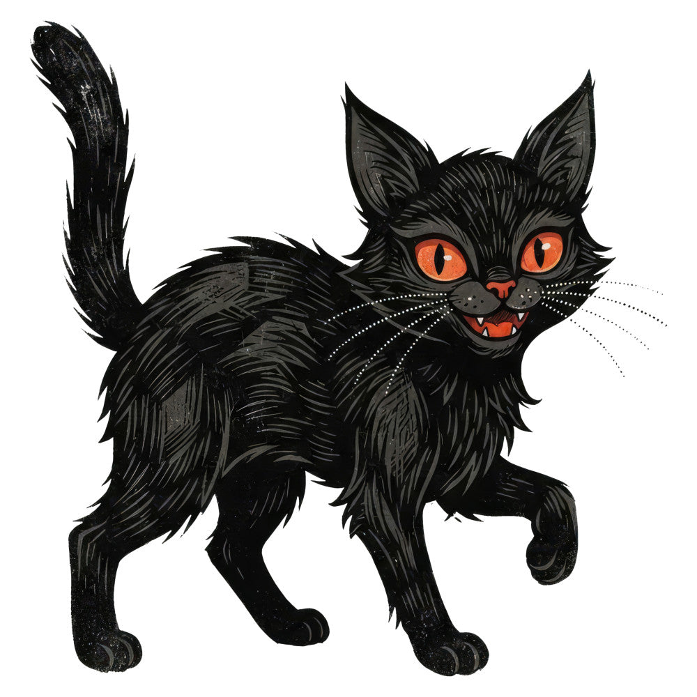 black cat, orange eyes, spooky, halloween, witchy, gothic, dark, mystical, cat lover, animal print, feline, creepy, scary, whimsical, playful, cat face, whiskers, evil cat, supernatural, eerie, festive, october, seasonal, wall art, quilt panel, home decor, novelty print, modern, contemporary, dark humor