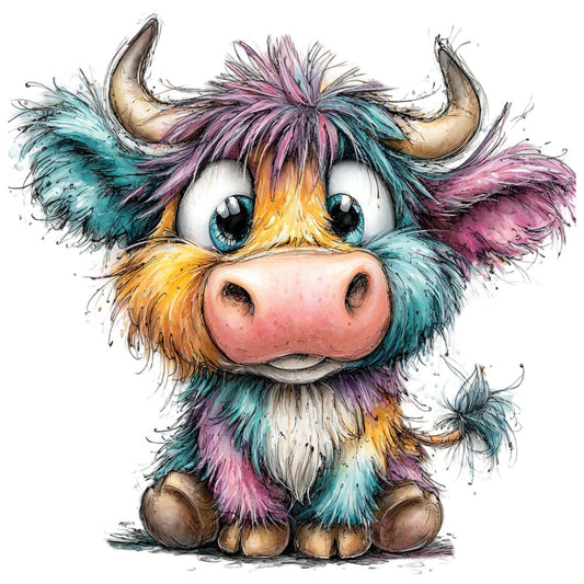 colorful highland cow, whimsical cow, turquoise, purple, pink, golden yellow, multicolored, rainbow colors, animals, cattle, farm animals, cute, playful, whimsical style, modern art, watercolor effect, splatter paint, artistic, children's fabric, nursery decor, baby quilt, wall hanging, decorative panel, character print, folk art, bohemian style, country farmhouse, vibrant colors, teal and pink, horned animals
