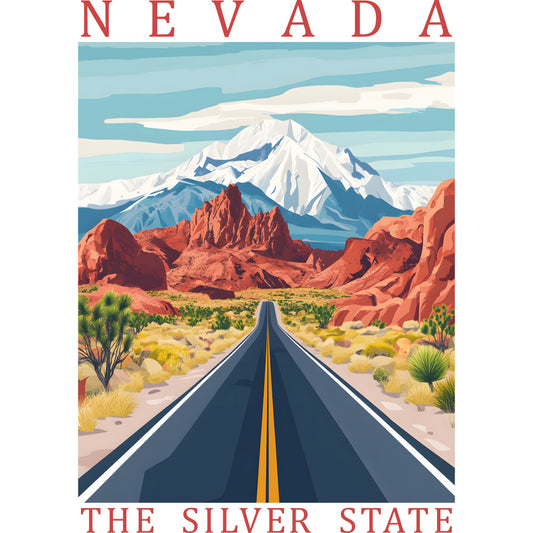 nevada, silver state, desert landscape, red rock formations, snow-capped mountains, straight highway, desert road, joshua trees, sage brush, turquoise sky, white clouds, coral red rocks, yellow desert grass, fabric panel, quilting cotton, travel poster style, southwestern scenery, mountain vista, desert flora, roadway perspective