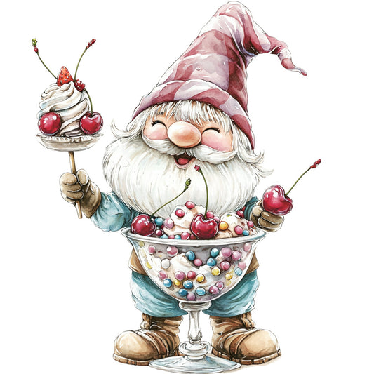 gnome, whimsical, holiday, christmas, winter, pink hat, white beard, red cherries, colorful pearls, candy, dessert, sweets, festive, vintage, folk art, children's, playful, quirky, cream, dusty rose, teal blue, tan brown, cheerful, decorative, novelty, illustration, character, sweet treats