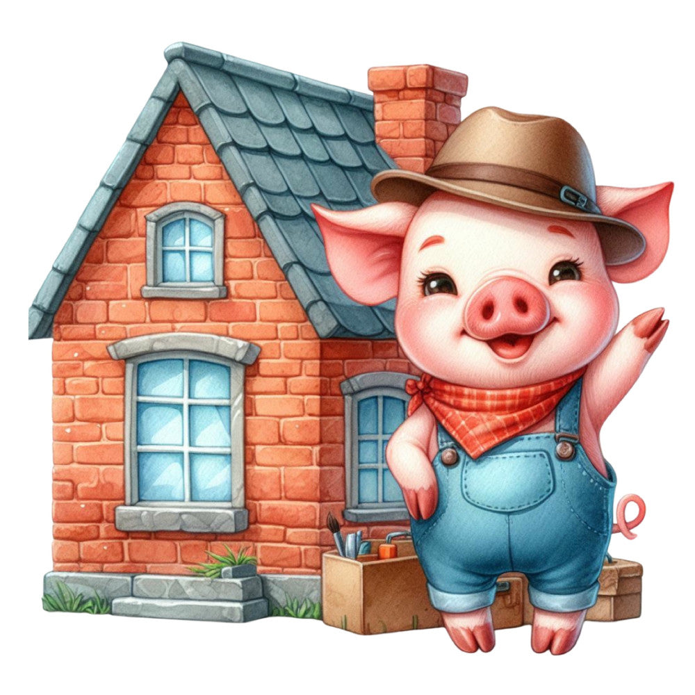 cowboy pig, farm animals, red brick house, rustic farmhouse, whimsical characters, children's illustration, cute pig, western theme, country style, barn red, slate blue, coral pink, cream white, charcoal gray, animal motifs, vintage farmhouse, storybook, pastoral scenes, nursery, baby quilt, folk art style, traditional americana, cheerful characters, pig illustration, homestead, rural setting, cottage core, novelty print