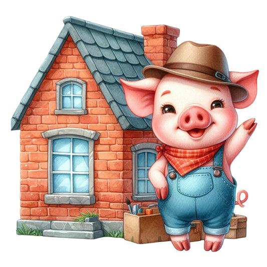 cowboy pig, farm animals, red brick house, rustic farmhouse, whimsical characters, children's illustration, cute pig, western theme, country style, barn red, slate blue, coral pink, cream white, charcoal gray, animal motifs, vintage farmhouse, storybook, pastoral scenes, nursery, baby quilt, folk art style, traditional americana, cheerful characters, pig illustration, homestead, rural setting, cottage core, novelty print