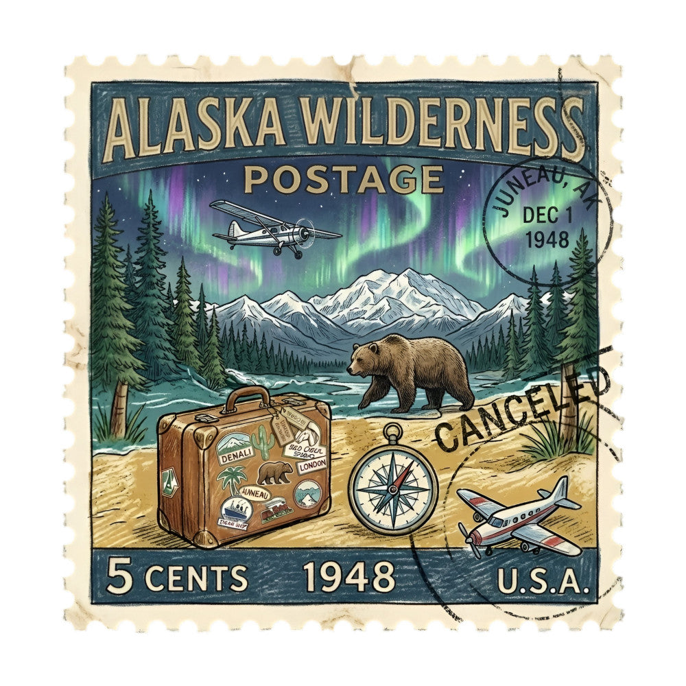 alaska wilderness, vintage postage stamp, northern lights, aurora borealis, bear, forest green, cream, navy blue, purple, mountains, snow-capped peaks, travel, adventure, retro, 1948, suitcase, compass, airplane, small plane, nature, wildlife, rustic, nostalgic, celestial, evergreen trees, boho, wanderlust, exploration, vintage travel, outdoorsy
