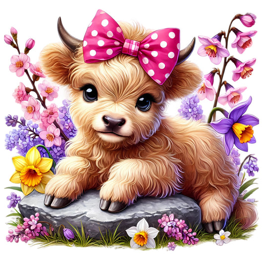 Springtime Highland Cows Fabric Panel 4 features a cute calf with a pink polka dot bow surrounded by vibrant spring flowers on premium cotton.