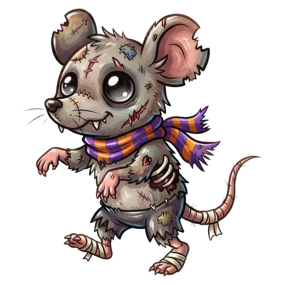 zombie mouse, stitched animal, whimsical creature, halloween, spooky, purple striped scarf, orange and purple stripes, gray, cream, dusty beige, tan, coral pink, plaid scarf, cute creepy, gothic whimsy, embroidered details, stitched motifs, character design, playful monster, bandaged limbs, vintage halloween, dark whimsy, quirky animals, fabric panel, character illustration, children's halloween, monster theme, stitchpunk style