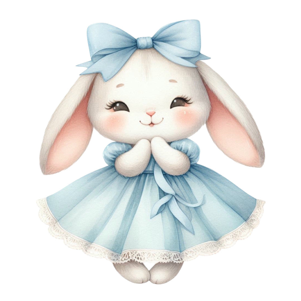 light blue, soft pink, cream, white, pastel blue, blush pink, bunny, rabbit, cute animals, whimsical, sweet, gentle, nursery, baby, children, bow, ribbon, dress, tutu, skirt, spring, soft style, kawaii, playful, innocent, cherubic, animal character, girl, feminine, dreamy