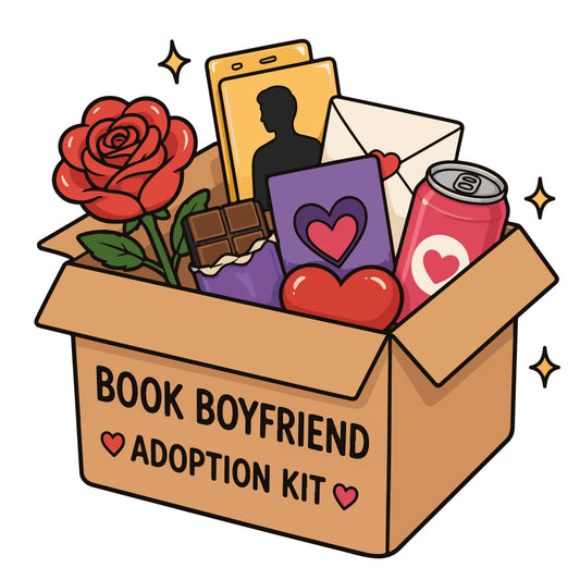 book boyfriend, adoption kit, rose, red rose, chocolate brown, coral pink, purple, cream, heart, love, romantic, whimsical, playful, valentine, gift box, envelope, beverage can, portrait silhouette, literary, bookish, reading, romance novel, cute, charming, illustrated, decorative, fun, quirky, novelty
