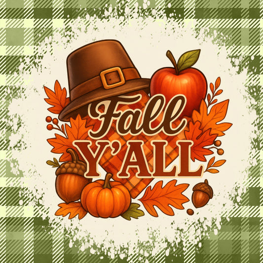 fall y'all, autumn, harvest, thanksgiving, pumpkins, apples, acorns, leaves, maple leaves, pilgrims hat, brown hat, orange, rust, cream, tan, olive green, plaid, checkered, farmhouse, rustic, whimsical, folk art, country, seasonal, fall décor, thanksgiving theme, autumn harvest, thanksgiving quilt, fall table runner, wall hanging