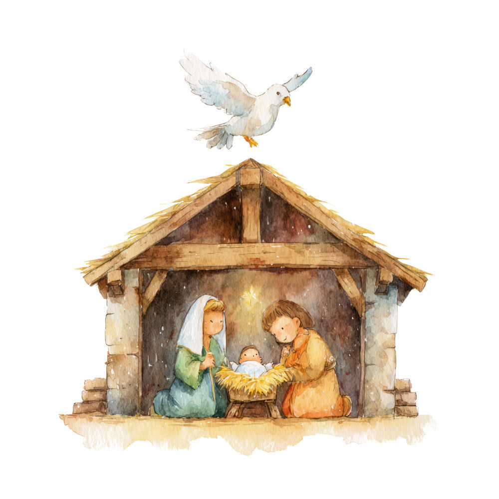 nativity, christmas, religious, dove, white dove, peace, manger, baby jesus, holy family, wooden stable, rustic, traditional, warm earth tones, cream, tan, soft brown, golden yellow, sage green, muted colors, vintage, spiritual, holiday, winter, celestial, whimsical, gentle, tender, soft watercolor, classic, timeless