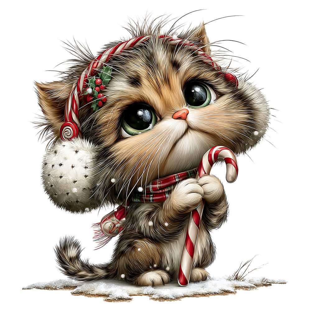 festive cat, christmas cat, holiday cat, candy cane, red and white, cream white, brown tabby, green eyes, whimsical, cute animal, winter holiday, christmas theme, cat with bow, decorative headband, holly berries, plaid collar, snow, sparkly, playful, festive animal, seasonal decoration, tabby cat, large eyes, gift-worthy, celebration theme, charming character, detailed illustration, holiday spirit