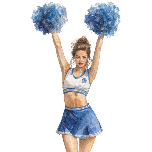 cheerleader, blue and white, royal blue, sports, athletic, dance, school spirit, team spirit, character panel, novelty, portrait, woman, figure, fashion, apparel, vintage style, retro, 1950s inspired, americana, patriotic, blue gradient, watercolor effect, illustration, detailed artwork, performance, activity themed, youth, energetic, dynamic pose