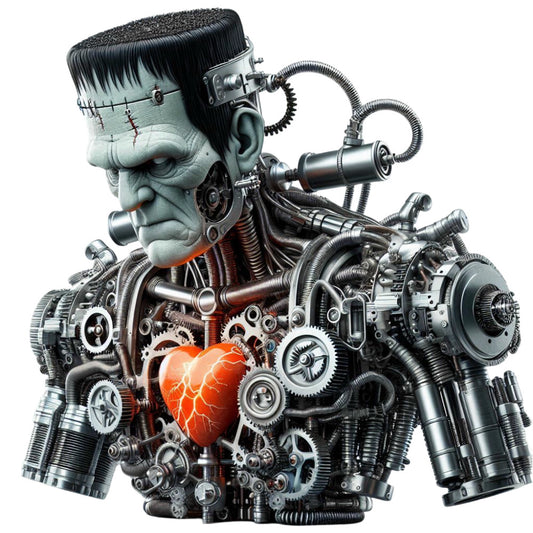 steampunk, mechanical, gears, industrial, frankenstein, monster, gothic, vintage machinery, brass, metal, gray, black, orange, red, heart, anatomical, science fiction, halloween, dark, edgy, alternative, punk, retro futuristic, robot, cyberpunk, horror, novelty, unique, statement piece