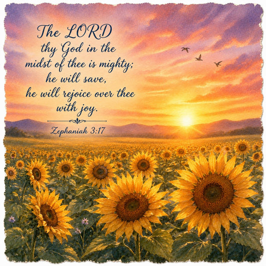 sunflower, golden yellow, sunset orange, purple sky, inspirational, religious, scripture, nature, floral, landscape, farmland, fields, sunflowers, birds, rustic, traditional, spiritual, faith, joy, autumn, summer, warm tones, peaceful, scenic, botanical, country, pastoral, wall hanging, home decor