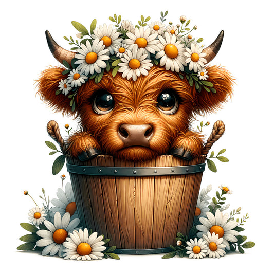 Cute Highland Cows in Buckets Fabric Panel 7 featuring a brown calf with daisy flower crown inside a wooden bucket surrounded by daisies.