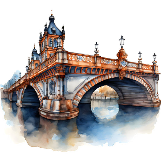 ornate bridge, architecture, victorian, steampunk, burnt orange, navy blue, cream white, gold accents, landmark, cityscape, watercolor, whimsical, elegant, vintage, ornamental railings, towers, arches, detailed, scenic, travel theme, wanderlust, british architecture, decorative, sophisticated, panel, illustration style, blue dome, ornate details, classic design