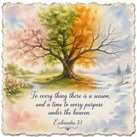 four seasons tree, spring blossoms, summer green, autumn gold, winter snow, nature landscape, seasonal transition, inspirational quote, ecclesiastes, spiritual, religious, watercolor, soft pastels, dusty rose, sage green, golden yellow, sky blue, landscape scene, trees, flowering tree, peaceful, serene, traditional, vintage aesthetic, botanical, all seasons, year round, wall art, home decor, spiritual affirmation