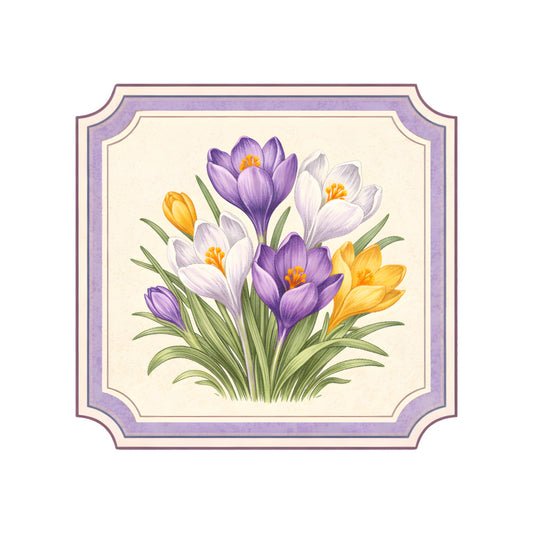 crocus, purple crocus, white crocus, golden yellow crocus, spring flowers, floral, nature, botanical, elegant, traditional, vintage, garden flowers, purple and white, yellow and white, multi-colored flowers, spring, early spring blooms, ornate border, decorative frame, classic floral, timeless design, lavender purple, cream background, green stems, leaves, nature theme, cottage garden, heirloom style, detailed illustration