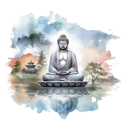 watercolor, buddha, meditation, lotus base, serene, peaceful, reflection, water, pagoda temple, soft blues, coral pink, sage green, misty clouds, trees, spiritual, zen, tranquil, fabric panel, asian inspired, sitting pose