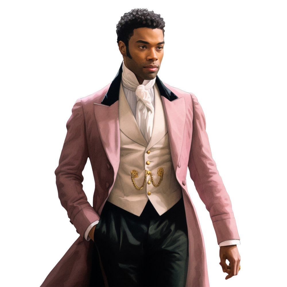 fabric panel, regency era, historical fashion, gentleman portrait, pink coat, cream waistcoat, black trousers, gold chain, white cravat, curly hair, formal attire, period costume, elegant styling, tailcoat, vintage fashion, cotton panel, quilting fabric, portrait design, 19th century, dapper gentleman