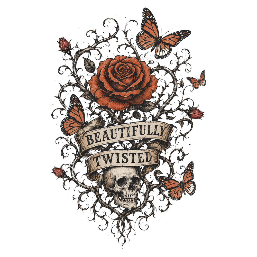 rust orange, burnt orange, cream, ivory, black, floral, gothic, skull, rose, butterfly, monarch butterfly, vintage, dark academia, botanical, nature, whimsical, elegant, ornate, decorative, steampunk, romantic, edgy, alternative, twisted, roses and skulls, scrollwork, filigree, insects, garden, dark romantic