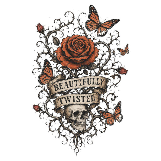rust orange, burnt orange, cream, ivory, black, floral, gothic, skull, rose, butterfly, monarch butterfly, vintage, dark academia, botanical, nature, whimsical, elegant, ornate, decorative, steampunk, romantic, edgy, alternative, twisted, roses and skulls, scrollwork, filigree, insects, garden, dark romantic