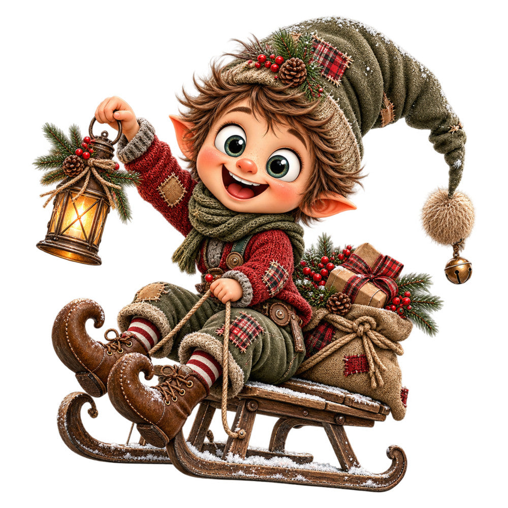 christmas, holiday, elf, whimsical, festive, red, forest green, sage green, cream, brown, plaid, tartan, vintage, nostalgic, cheerful, joyful, cute, character, sleigh, lantern, pinecones, bells, decorative, rustic, traditional, winter, seasonal, children's, playful, cottage core