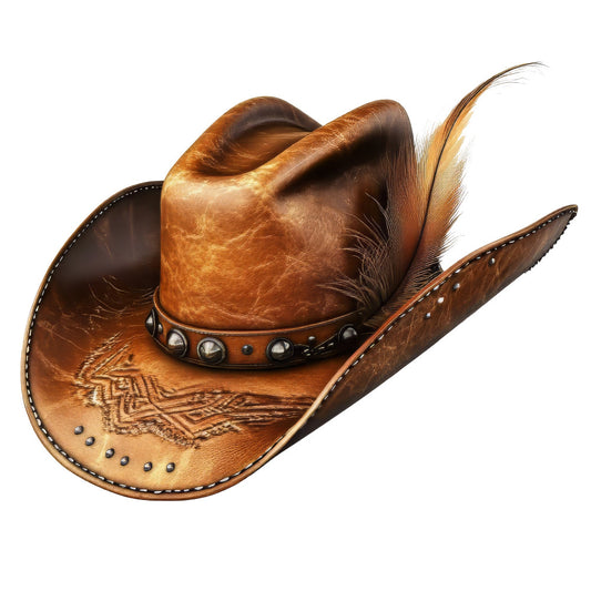 western cowboy hat, brown leather, tan, cognac, rust, feather, studded trim, embroidered design, cowboy, country, western wear, rodeo, rustic, vintage western, traditional, folk art, decorative hat, accessories, equestrian, ranch style, southwestern, leather crafts, novelty print, timeless, classic western