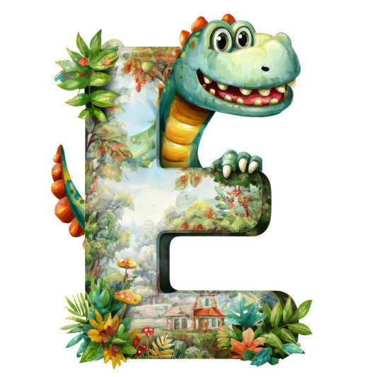 dinosaur, alphabet letter, cartoon style, green dinosaur, orange spikes, yellow belly, jungle foliage, tropical plants, mushrooms, cottage house, fabric panel, quilting cotton, children's fabric, prehistoric theme, smiling character, whimsical illustration, nature scene, educational fabric, kids decor, bright colors