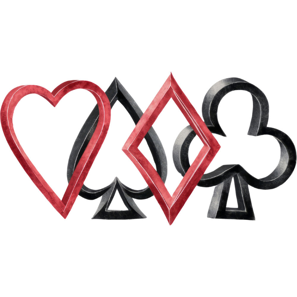 red, black, gray, playing card suits, hearts, spades, diamonds, clubs, casino theme, gambling motifs, card game symbols, geometric shapes, overlapping design, gaming fabric, quilting panel, cotton fabric, entertainment theme, poker symbols, card player fabric, casino decor