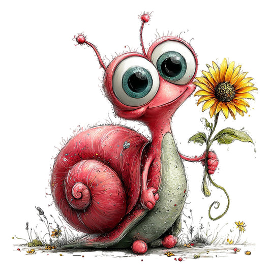 coral red snail, whimsical creatures, nature illustration, garden snail, sunflower, big eyes, cute animals, woodland theme, spring garden, fantasy art, children's design, playful style, bright colors, red snail motif, yellow sunflower, green leaf, whimsical animals, illustrated design, storybook style, character fabric, nature lovers, garden creatures, unique animals, colorful illustration, eye-catching design, artistic style, charming motifs, kid-friendly, novelty print, nature inspired