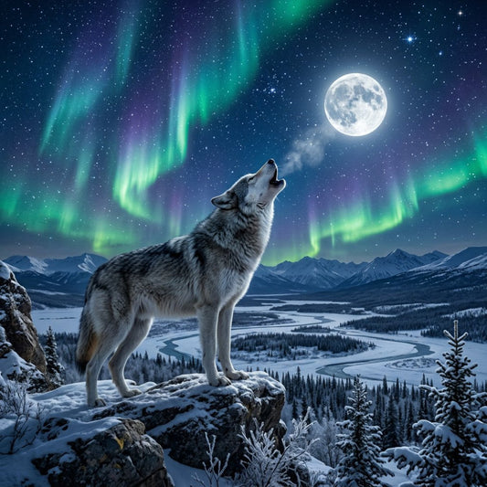 wolf, aurora borealis, northern lights, full moon, moonlight, winter landscape, snow, mountains, forest, evergreen trees, celestial, night sky, stars, starry night, teal, emerald green, deep blue, navy blue, silver, icy blue, purple, animal, nature, wilderness, howling wolf, winter, arctic, magical, mystical, scenic