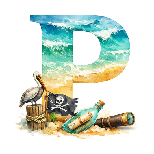 pirate, nautical, beach, ocean, turquoise, teal, sandy yellow, cream, white, waves, pelican, skull and crossbones, message in a bottle, telescope, wooden post, rope, whimsical, adventure, coastal, summer, tropical, seaside, vintage, map, treasure, sand, aqua, gold, beige, animal