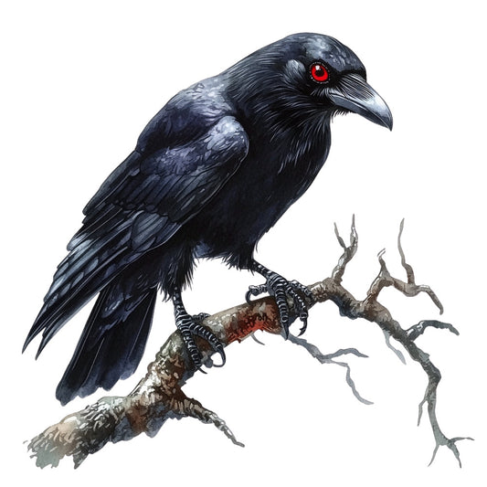 black bird, red eye, raven, crow, dark gothic, fantasy bird, mystical, perched bird, gnarled branch, twisted branch, dark blue, charcoal gray, nature illustration, wildlife, ornithology, gothic aesthetic, dark fantasy, supernatural, dramatic, moody, elegant dark, intricate details, detailed feathers, realistic bird, contemporary illustration, dark theme, spooky, mysterious, wall art, statement piece