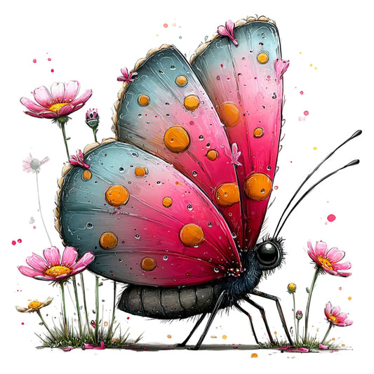butterfly, pink, coral pink, hot pink, teal, turquoise, orange, golden yellow, whimsical, nature, floral, cosmos flowers, garden, insects, spring, summer, colorful, gradient, ombre, children's, playful, fantasy, magical, illustration art, botanical, daisy, cute animals, decorative, artistic, enchanted garden