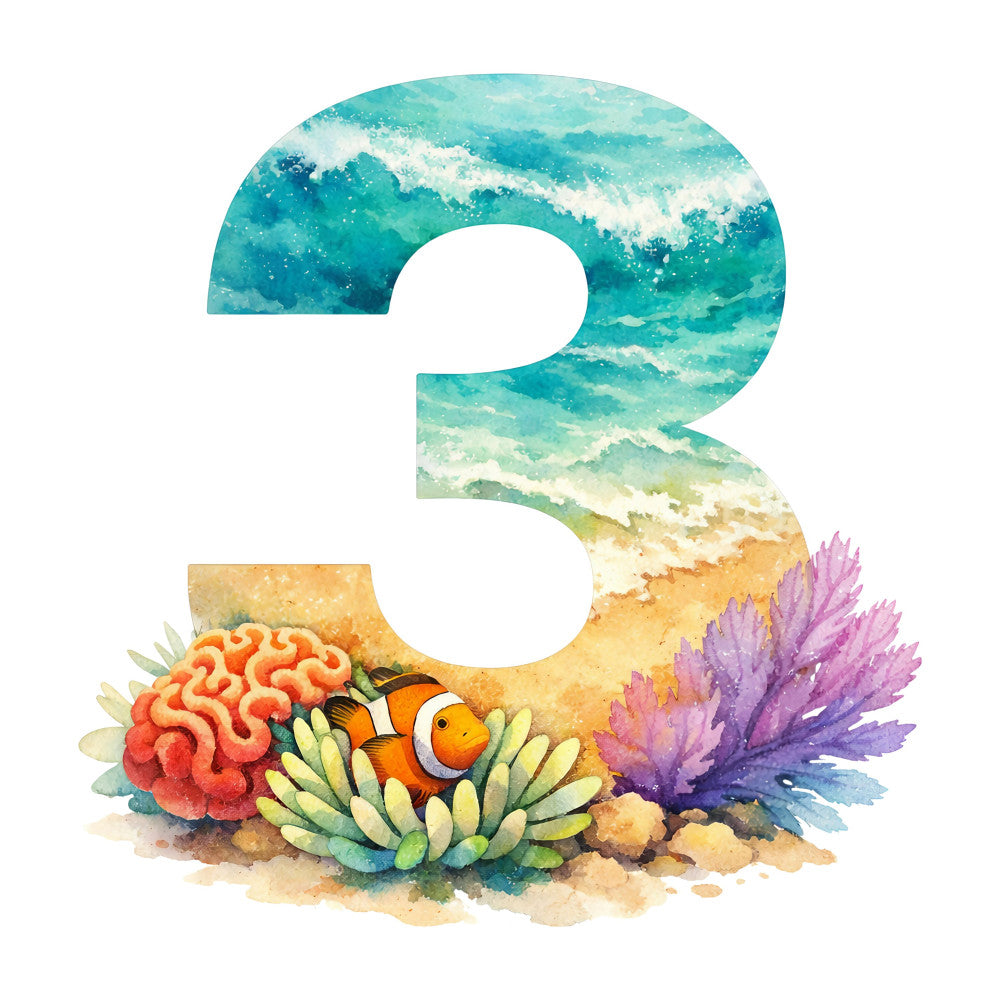 turquoise ocean, coral reef, clownfish, sea anemone, underwater, aquatic, beach, tropical, ocean waves, sandy beach, purple coral, teal blue, sea green, golden sand, cream, orange fish, nautical, coastal, whimsical, nature, marine life, summer, seaside, children's, nursery, panel print, ocean theme, watercolor style, beach scene
