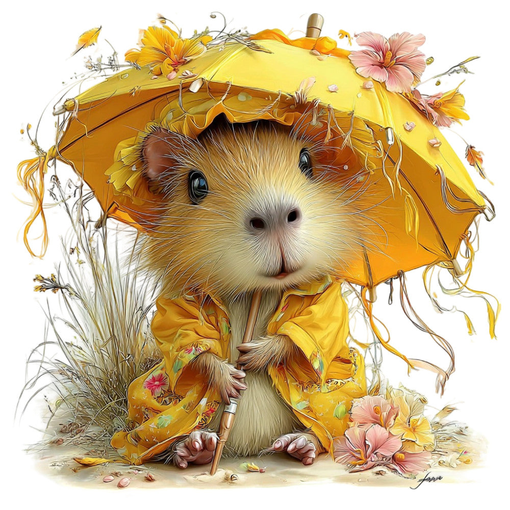 guinea pig, cute animal, yellow, golden yellow, cream, tan, brown, autumn, fall, flowers, floral, pink flowers, daisies, dried flowers, botanical, whimsical, charming, children's, baby, nature themed, garden, countryside, rustic, illustration art, storybook style, seasonal, harvest, woodland creature, sweet, adorable