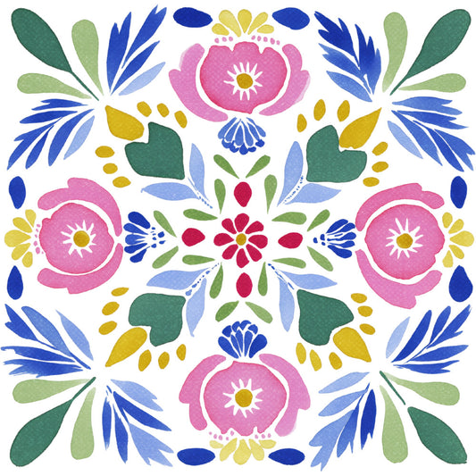 hot pink floral, navy blue, forest green, sage green, golden yellow, watercolor flowers, symmetrical design, botanical, nature-inspired, whimsical, folk art, ornamental, spring, summer, daisy motif, heart leaves, radiating petals, bright and cheerful, traditional folk, bohemian, vibrant colors, decorative flowers, hand-painted style, ornate design, cottage core, festive, colorful blooms, medallion pattern, boho floral