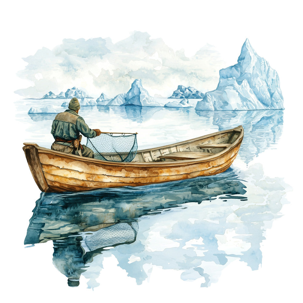 watercolor painting, arctic landscape, icebergs, fishing boat, fisherman, wooden boat, fishing net, blue tones, aqua blue, pale blue, brown boat, green jacket, arctic waters, glacial scene, reflections, serene mood, cold climate, maritime theme, fabric panel, quilting cotton