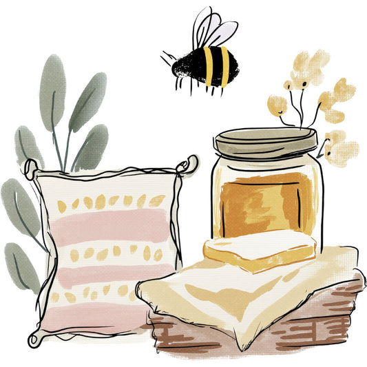 bee, honey, jars, botanical, nature, insects, garden, spring, summer, cream, dusty rose, sage green, golden yellow, tan, striped, whimsical, cottage core, farmhouse, rustic, modern, sweet, honey jar, wildflowers, preserves, home sweet home, cozy, nature-inspired, soft, pastel, illustrated