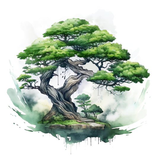 green, sage, forest green, lime green, gray, brown, watercolor style, bonsai tree, twisted trunk, layered foliage, japanese inspired, zen, tranquil, nature scene, artistic brushstrokes, flowing design, fabric panel, quilting cotton, botanical, serene mood, organic shapes, misty background