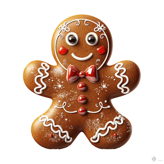 Cute Christmas Gingerbread Man Fabric Panel 9 featuring a detailed gingerbread man with icing and bow tie design in premium quilting cotton
