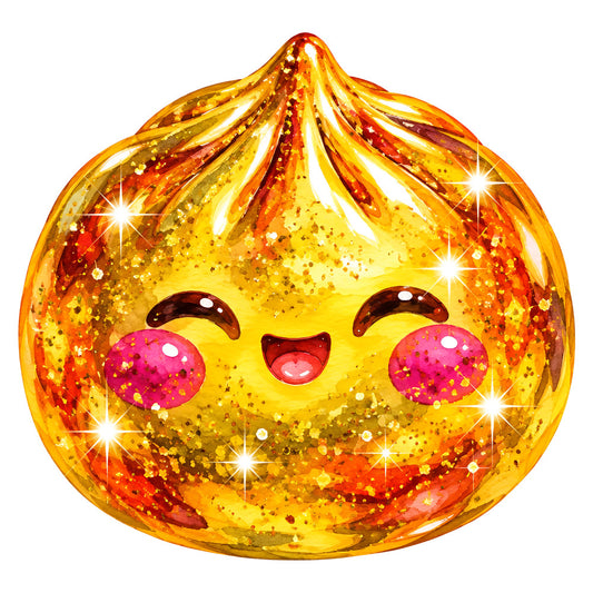 gold, yellow, orange, red, hot pink, magenta, glitter, sparkle, shiny, cute face, kawaii, smiling character, happy expression, sequin, metallic, whimsical, playful, fantasy, magical, character panel, children, kids, novelty, decorative, embellished, holiday, festive, fun