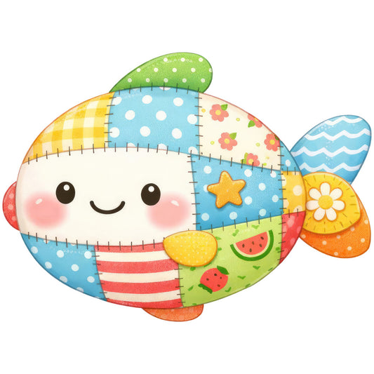 cute fish, patchwork, colorful, whimsical, children's, baby, blue, yellow, green, coral pink, red, orange, polka dots, stripes, floral, gingham, daisy, star, lemon, watermelon, strawberry, waves, stitched, appliqué style, playful, nursery, baby quilt, spring, summer, cheerful