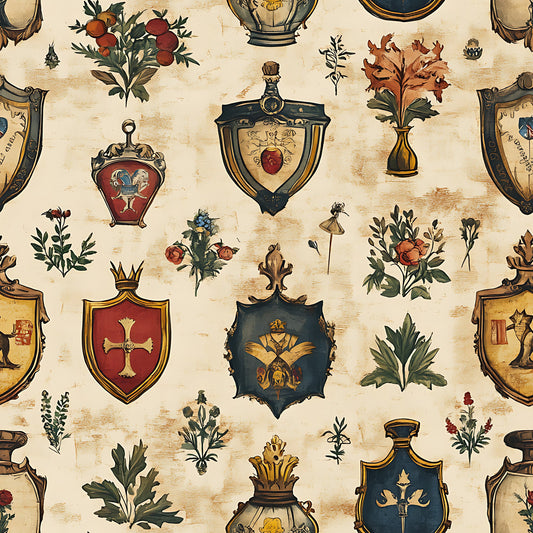 Rustic German Banners and Shields Pattern 13 Quilting Cotton Fabric
