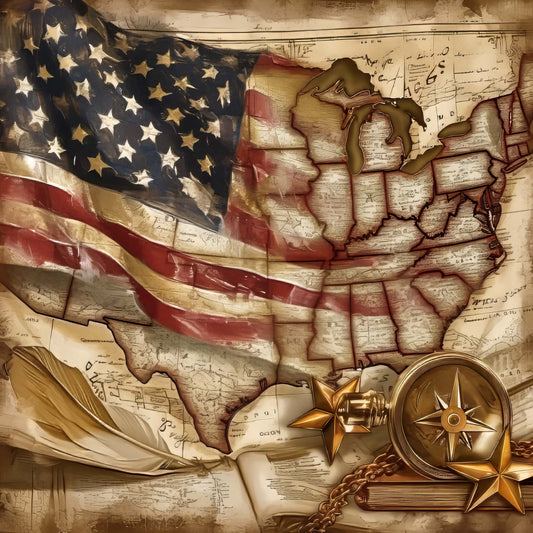 vintage american flag, antique map, patriotic, nautical compass, gold compass rose, cream, tan, beige, navy blue, red stripe, historical, americana, explorer, travel theme, adventure, antique cartography, feather quill, stars motif, aged parchment, classic americana, traditional, elegant, rustic, wall hanging, heritage, explorer gift, geography theme, nostalgic, sepia tone, worn vintage
